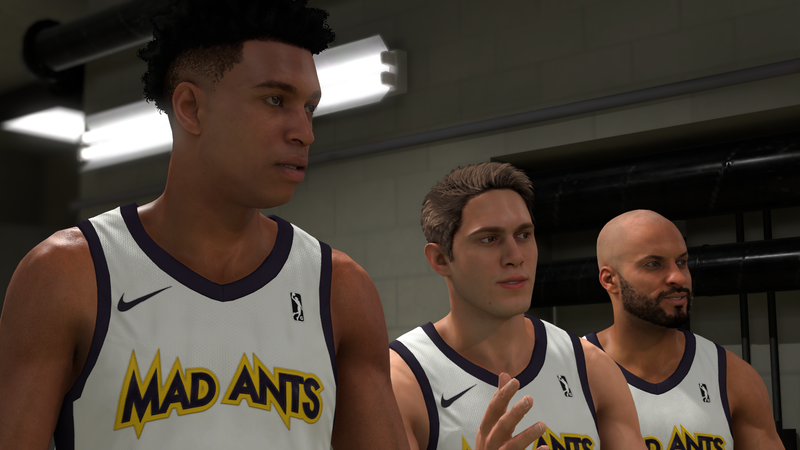 That’s Blake Jenner in the middle. The game’s prelude also features performances from Anthony Mackie, Aldis Hodge and Michael Rapaport as a frazzled G-League coach.